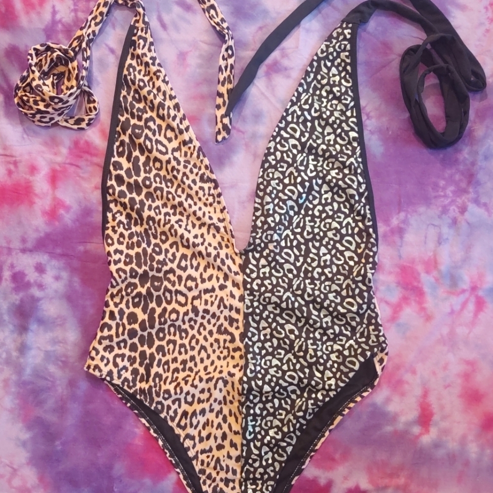Holographic and Natural Leopard Plunge One-Piece: 0XL
